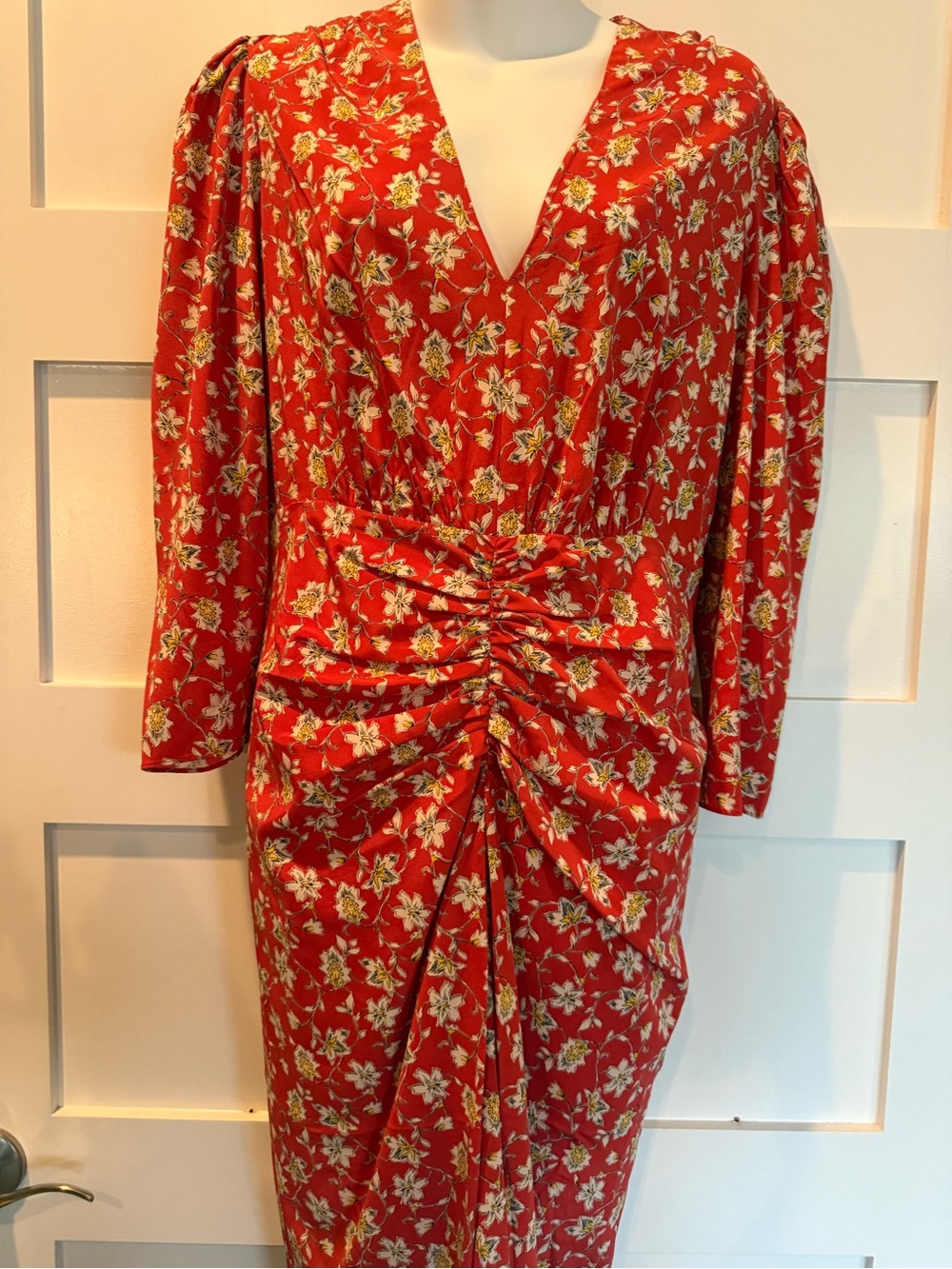 Veronica Beard Red Floral Ruched Midi Dress
